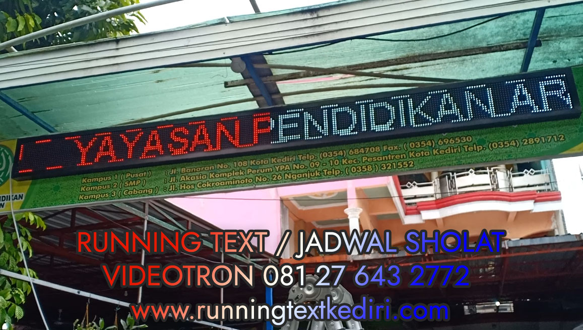 <p>Pemasangan running text di yayasan pendidikan Ar-Rahman kota Kediri dengan warna merah dan putih sesuai dengan permintaan. Kami menyediakan running text warna merah putih biru kuning hijau dan rgb sesuai dengan keinginan anda.</p>